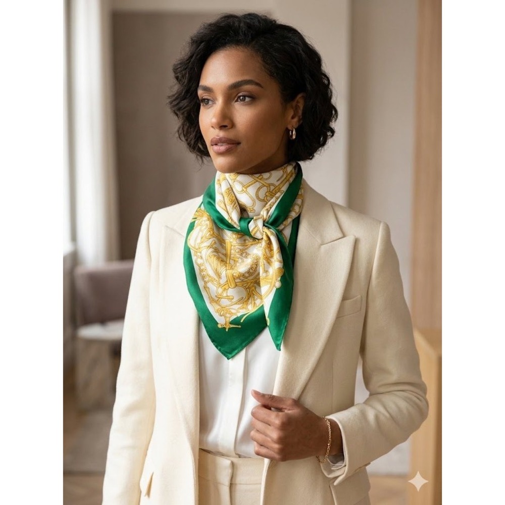 Vintage Equestrian Gold Chain Print 100% Silk Square Scarf Emerald Green White